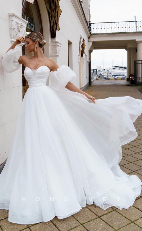 Puff Sleeves Strapless Wedding Dress with Ruched Back & Train