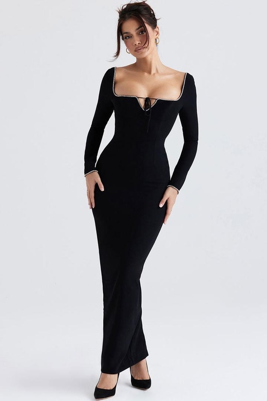 Sparkly Crystal Embellished Black Tie Neck Long Sleeve Formal Maxi Dress