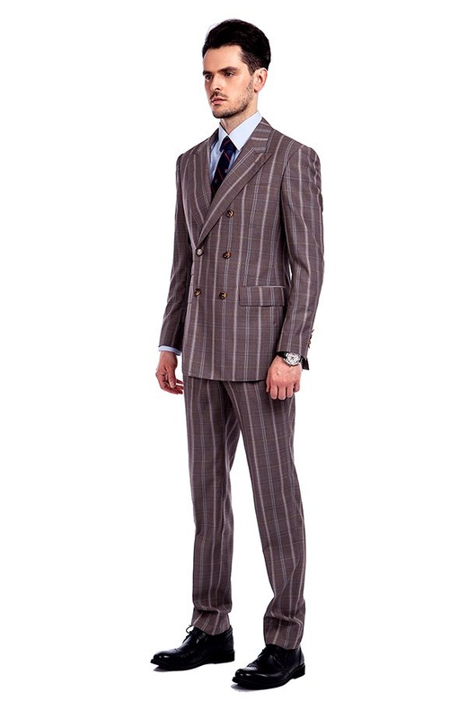 Peak Lapel Plaid Double Breasted Men's Suits, Flap Pocket Detail