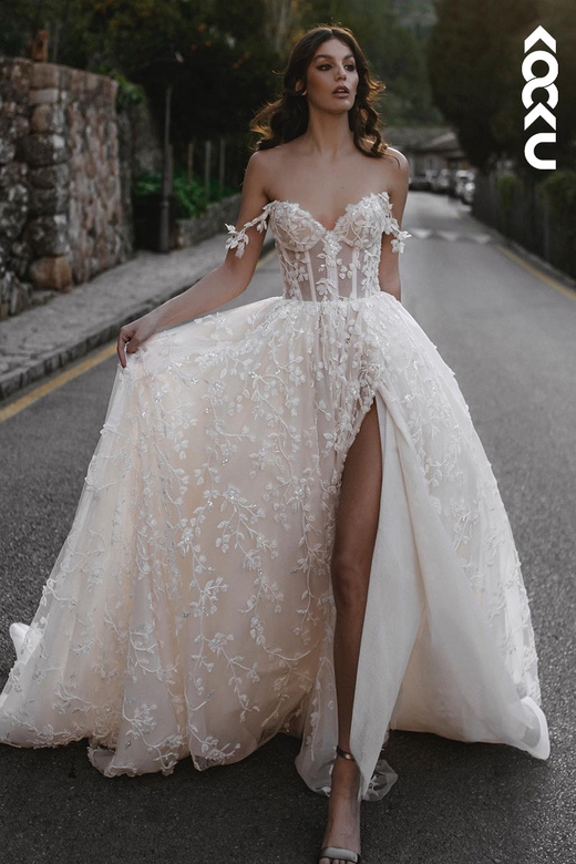 A-Line Off-Shoulder Lace Appliques Beaded Bohmian Wedding Gown