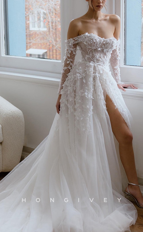 A-Line Tulle Illusion Off-Shoulder Long Sleeve Appliques Train Gown