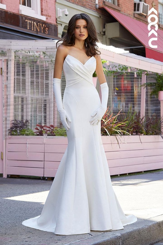 V-Neck Strapless Sleeveless Ruched Satin Mermaid Dress