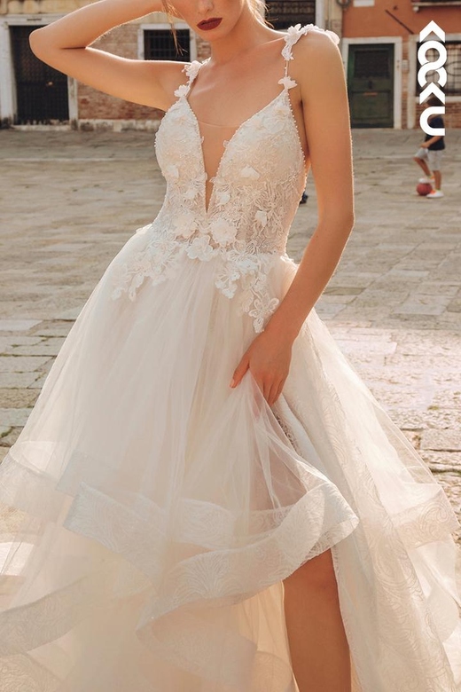 Low V-Neck Lace Appliqued Sheer Tulle A-Line Bridal Gown