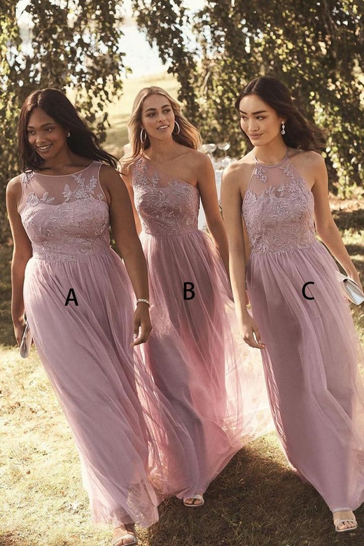 Mismatched Lace Appliqued Tulle A-Line Long Bridesmaid Gown