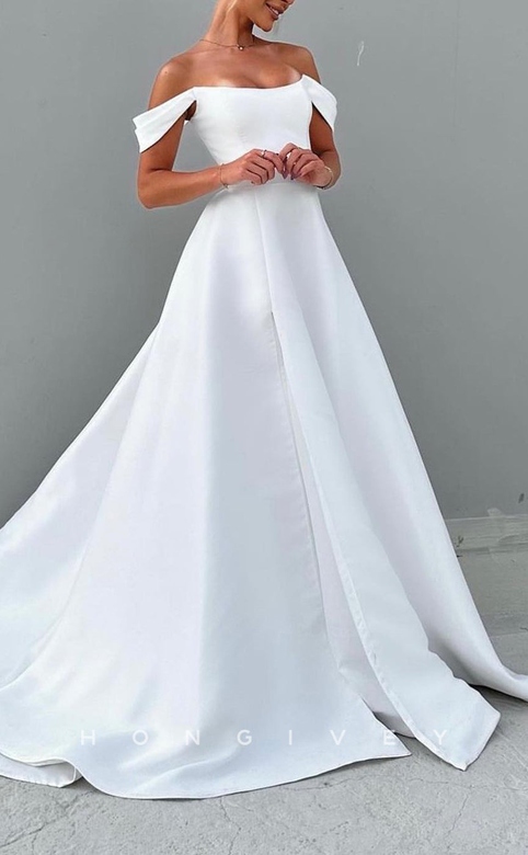 Elegant Satin A-Line Bateau Dress with Off-Shoulder and Train