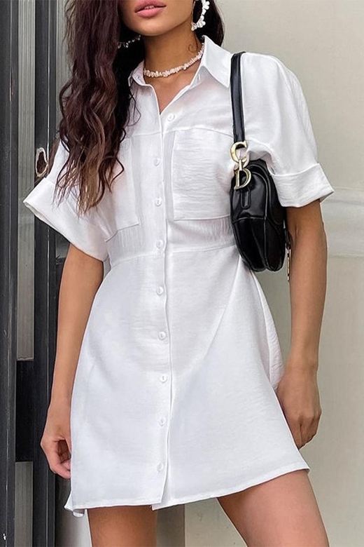 Casual Simplicity Solid Pocket Shirt Collar A-Line Short Sleeve Dress