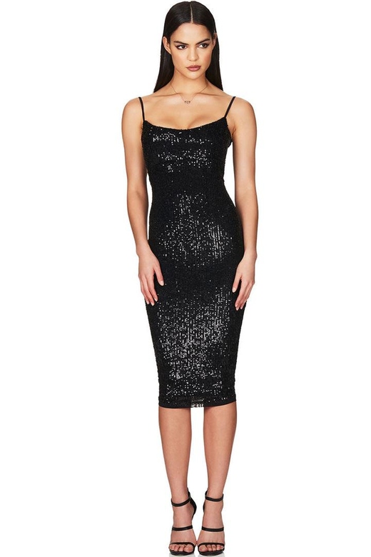 Black Sparkly Sequin Scoop Neck Spaghetti Strap Cocktail Party Midi Dress