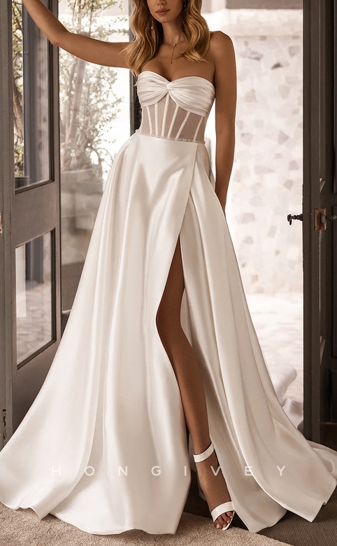 Simple Casual Satin Sweetheart Strapless Bowknot Wedding Gown