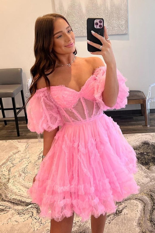 V-Neck Off-Shoulder Sheer Tulle A-Line Mini Homecoming Gown