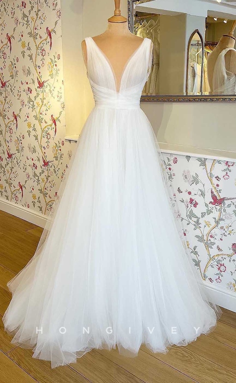 Tulle A-Line V-Neck Sleeveless Beach Wedding Gown