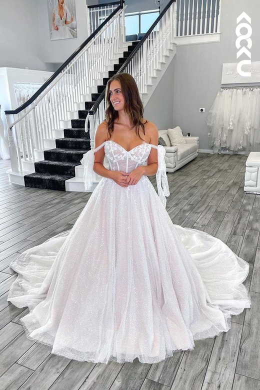 Off-Shoulder Lace Appliqued Sparkly A-Line Wedding Gown