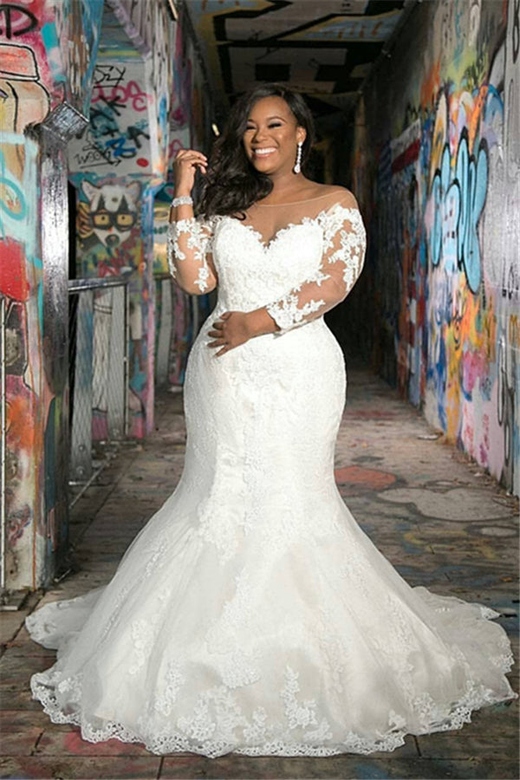 Long-Sleeved V-Neck Plus Size Mermaid Bridal Wedding Gown