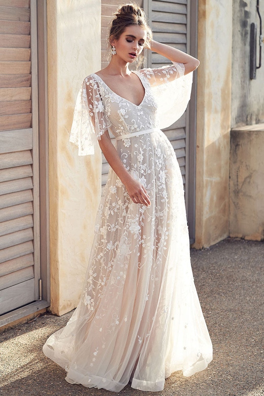 Dreamy Backless Flutter Sleeve Embroidered Wedding Dress