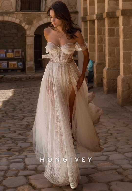 Sheer Tulle A-Line Off-Shoulder Slit Wedding Dress