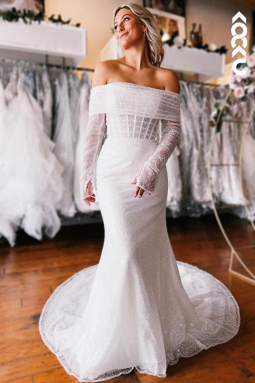 Gorgeous Off-Shoulder Long Sleeves Mermaid Tulle Wedding Dress