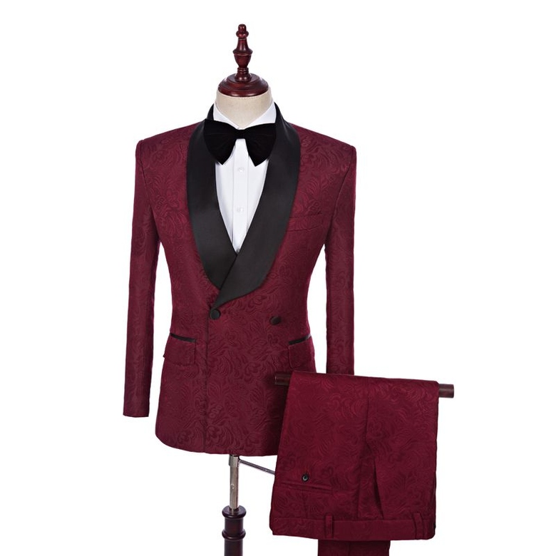 Burgundy Jacquard Double-Breasted Fitted Wedding Suit