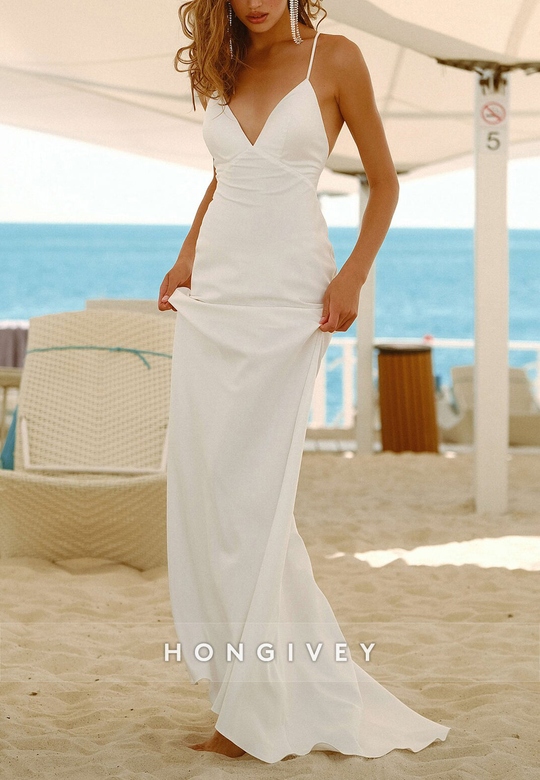 Casual V-Neck Lace-Up Sleeveless Beach Wedding Gown