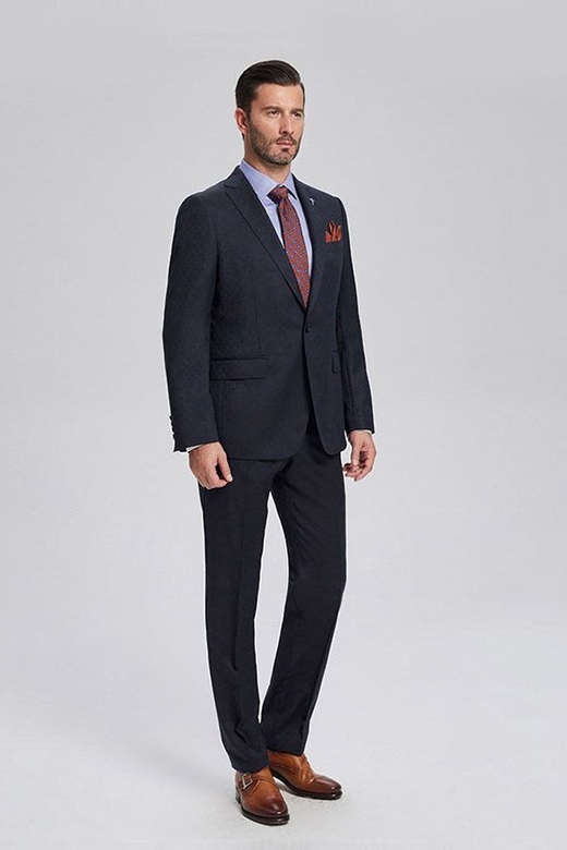 Decent Navy Blue Jacquard Men's Suits, Business Attire