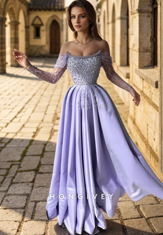 Chic Satin A-Line Bateau Off-Shoulder Beaded Prom Dress