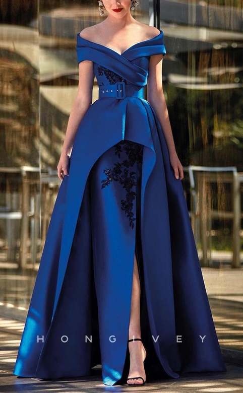 Attractive Satin A-Line Off-Shoulder Appliques Belt Side Slit Gown