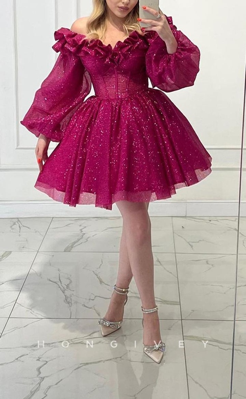 Sparkling A-Line Empire Ruffled Off-Shoulder Long Puff Sleeves Gown Dress