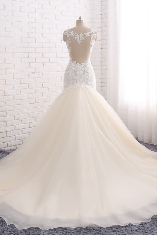 Affordable Strapless Mermaid Tulle Lace Wedding Gown, Sweetheart