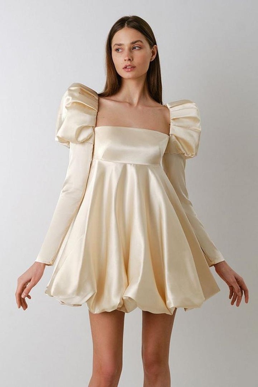 Square Neck Long Puff Sleeves Ruched Satin A-Line Mini Homecoming Gown