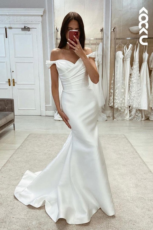 Charming Off-Shoulder Cap Sleeves Mermaid Ruched Wedding Dress