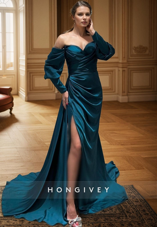 Off-Shoulder Long Sleeve Empire Dress with Side Slit for Prom