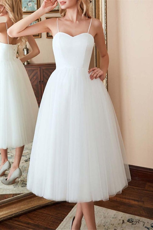 Sweetheart Spaghetti Straps Satin Tulle Midi Wedding Dress