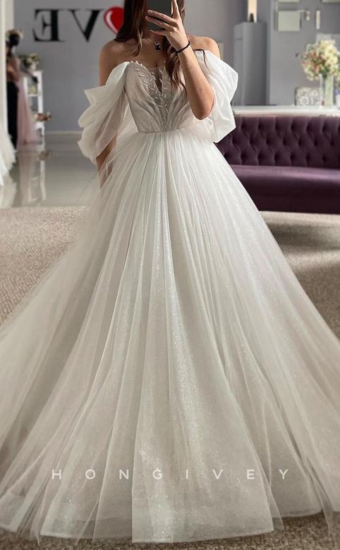 A-Line Off-Shoulder Appliques Glitter Sheer Tulle Wedding Gown