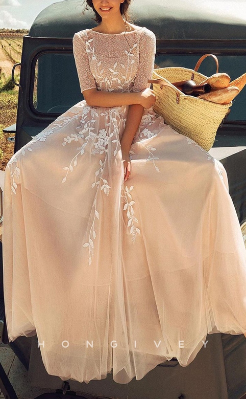 Sexy Tulle A-Line Dress with Round Half Sleeves and Empire Appliques