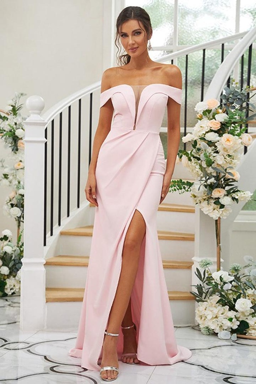 Low V-Neck Off-Shoulder Satin Sheath Long Bridesmaid Gown