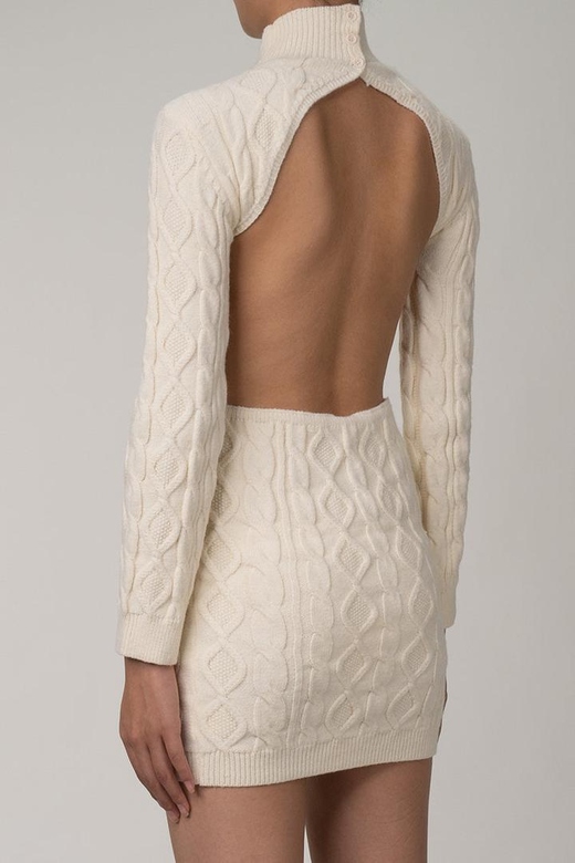 Cream Backless High Neck Cable Knit Sweater Dress