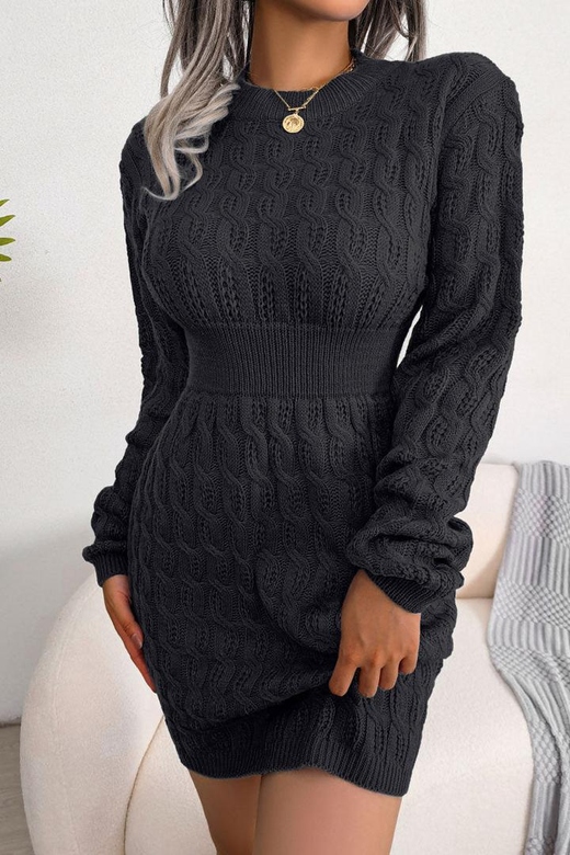 Cozy Black Winter Fisherman Cable Knit Bodycon Sweater Mini Dress