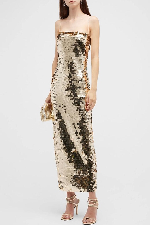 Gold Sparkly Square Neck Spaghetti Strap Bodycon Sequin Cocktail Midi Dress