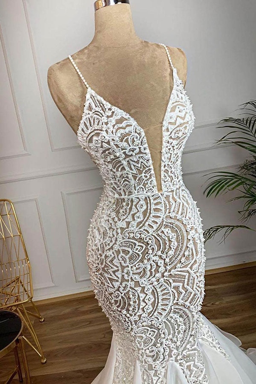 Affordable Mermaid Spaghetti Straps Lace Ivory Sleeveless Dress