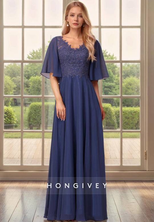 A-Line V-Neck Half Sleeves Lace Applique Empire MOB Dress