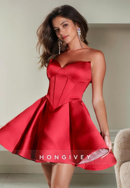 Satin A-Line V-Neck Strapless Empire Simple Short Homecoming