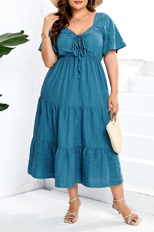 Sweet Elegant Solid Pocket Frenulum V-Neck A-Line Plus Size Dresses