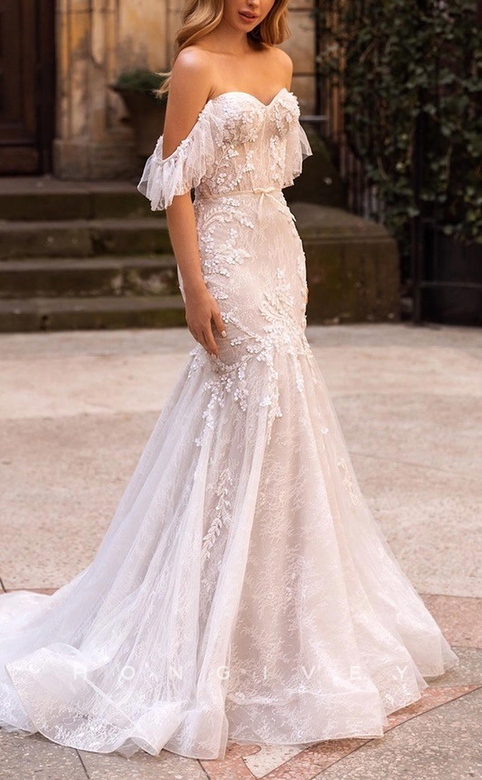 Sexy Tulle Trumpet Sweetheart Off-Shoulder Lace Applique Tulle Train Wedding Dress