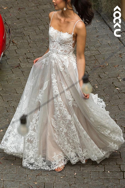 Square Neck Lace Appliqued Sheer Tulle A-Line Wedding Dress