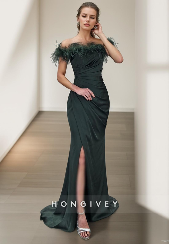 Feathered Off-Shoulder Ruched Dress with Side Slit for Party