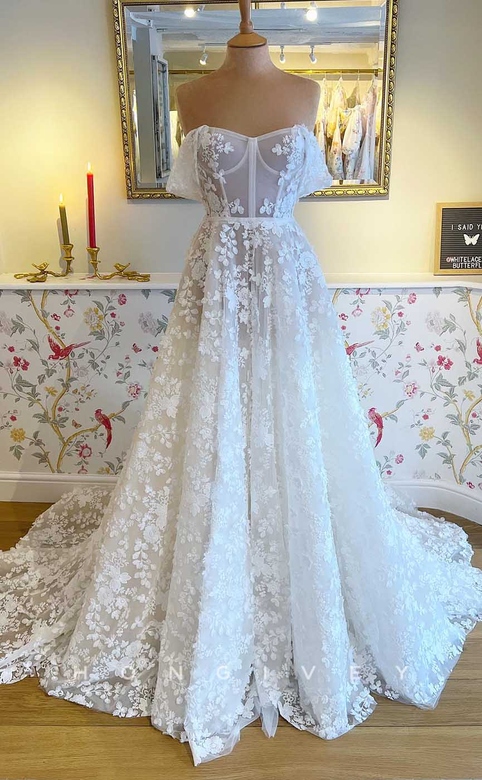 Off-Shoulder A-Line Lace Applique Sheer Train Wedding Dress