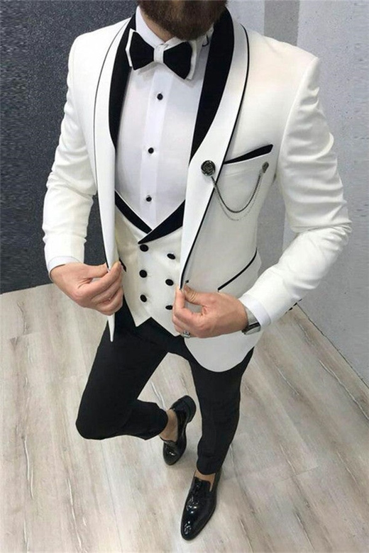 White Wedding Tuxedo with Black Lapel, Three-piece Groom Suit