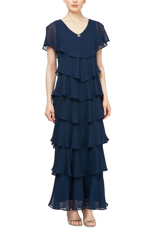 Sheath V-Neck Short Sleeves Long Chiffon Tiered Mother of Bride