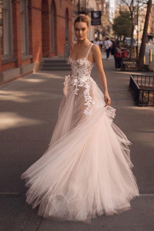 Square Neck Sleeveless Appliqued Ruched Sheer Tulle Gown