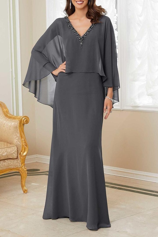 V-Neck Long Sleeves Chiffon Sheath Long Mother of Bride Gown