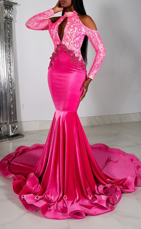 High Neck Long Sleeves Appliques Prom Dress