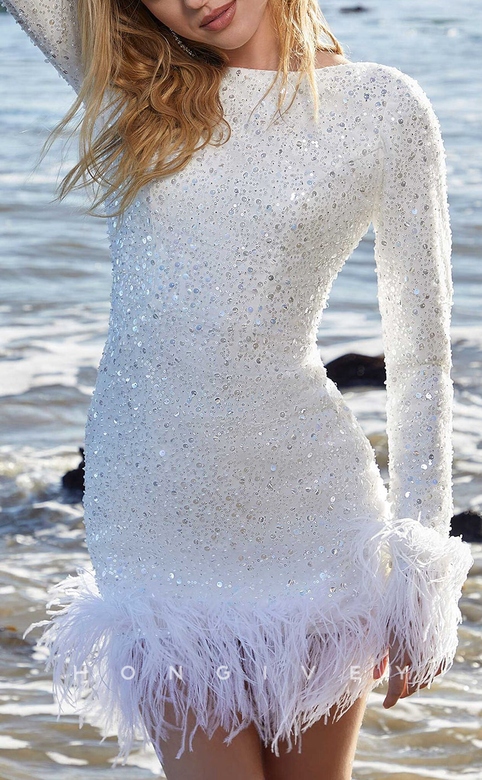 Classic Fitted Fully Sequined Long Sleeves Feathered Short Dress